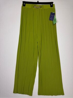 Lark + Grey Lime Green Pleated Wide Leg Pants Gold Chain Detail Size L petit NWT